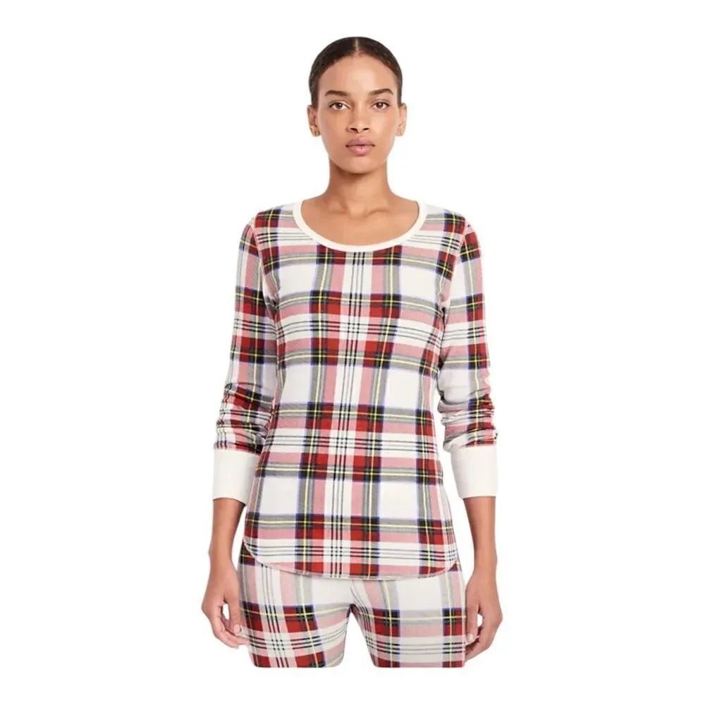 Old Navy Womens White Tartan Plaid Waffle Pajama Top Large NWOT